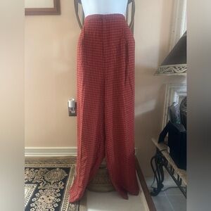 Elegant Vintage Rust Checkered Wide Leg Women's Pants